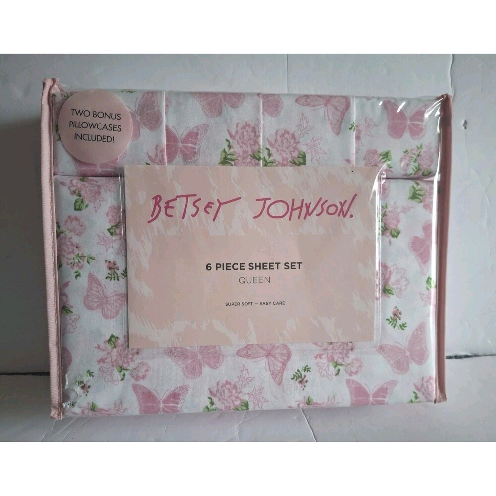 Betsey Johnson Queen Butterflies Pink Rose Sheet Set 6 Piece Shabby Chic Cottage